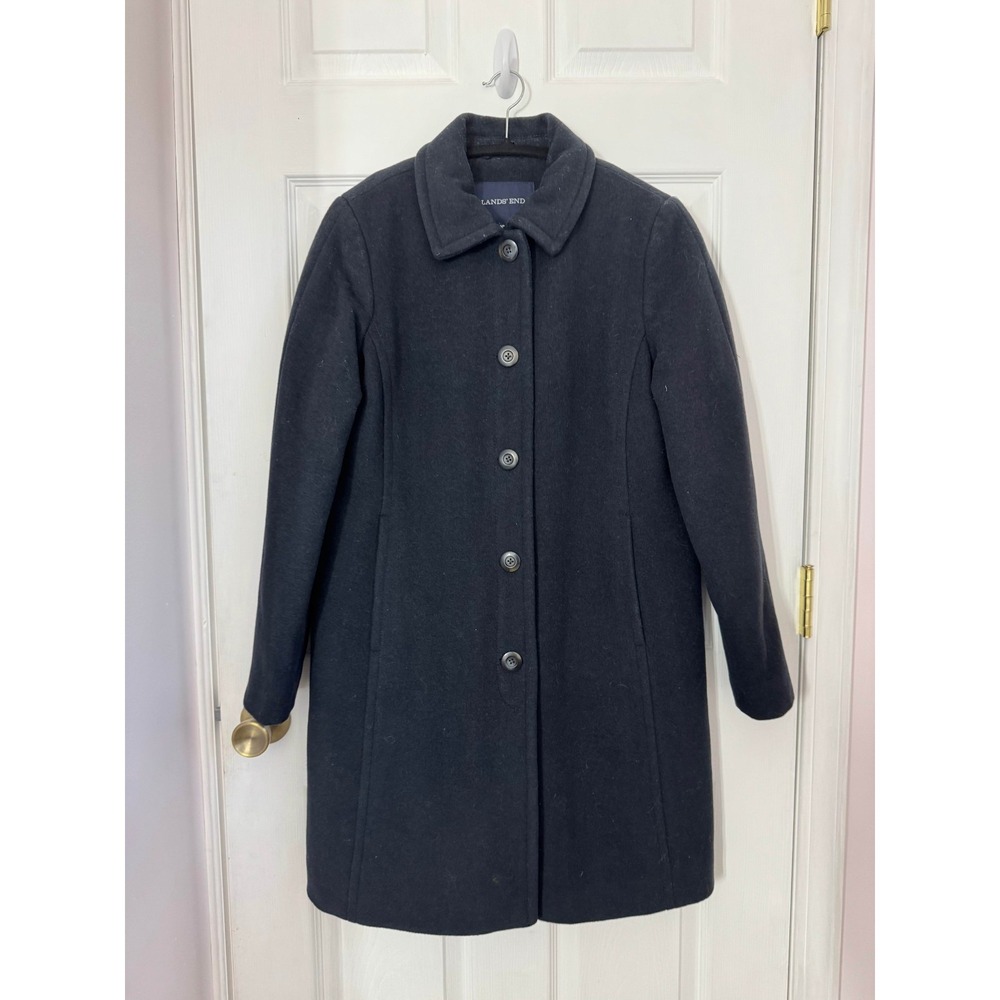 Lands' End Wool Blend Pea Coat Womens 8P Black Long Sleeve Button Winter Outdoor